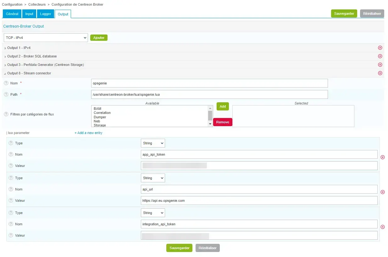 Configuration Centreon Broker de l'output Stream Connector Opsgenie : script opsgenie.lua, paramètres app_api_token, api_url et integration_api_token