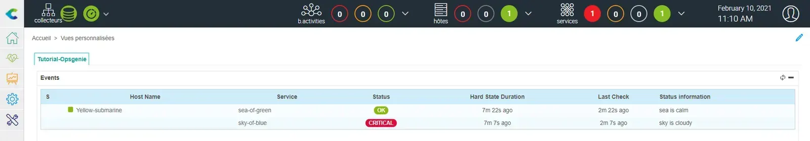 Vue personnalisée Centreon Tutorial-Opsgenie : hôte Yellow-submarine avec le service sea-of-green en OK et sky-of-blue en CRITICAL