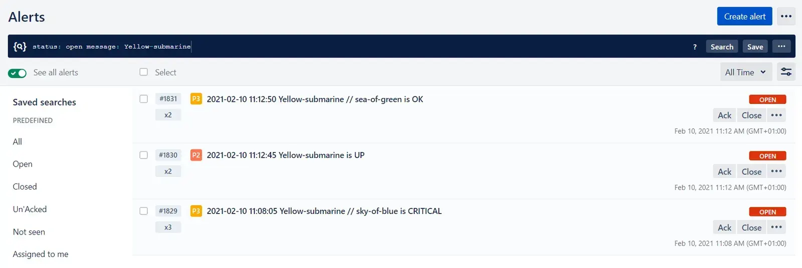 Alertes Opsgenie filtrées sur Yellow-submarine : sky-of-blue en CRITICAL, puis retour de l'hôte à UP et de sea-of-green à OK