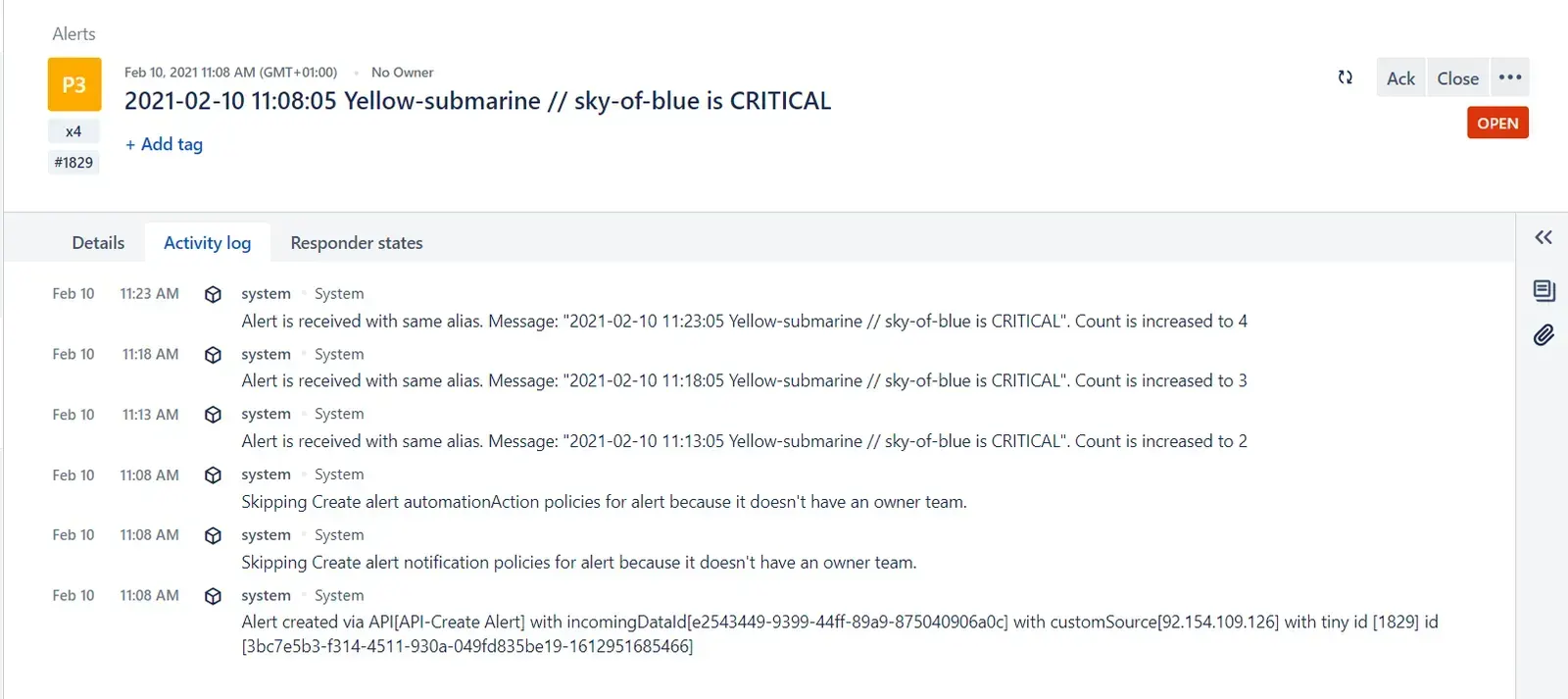 Journal d'activité Opsgenie de l'alerte « Yellow-submarine // sky-of-blue is CRITICAL » : création via l'API puis alertes dédupliquées, compteur porté à 4