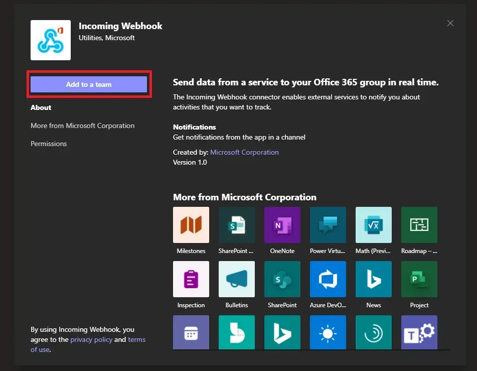 Fiche de l'application Incoming Webhook dans Microsoft Teams, avec le bouton « Add to a team » pour l'ajouter à une équipe