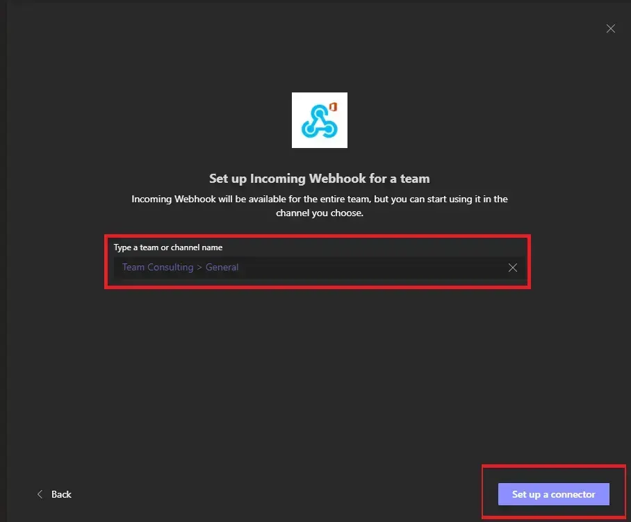 Configuration d'Incoming Webhook dans Microsoft Teams : choix du canal General de l'équipe Team Consulting, puis « Set up a connector »