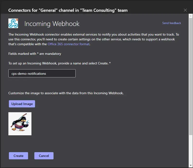 Paramétrage du connecteur Incoming Webhook pour le canal General de Team Consulting : nom cps-demo-notifications et image personnalisée