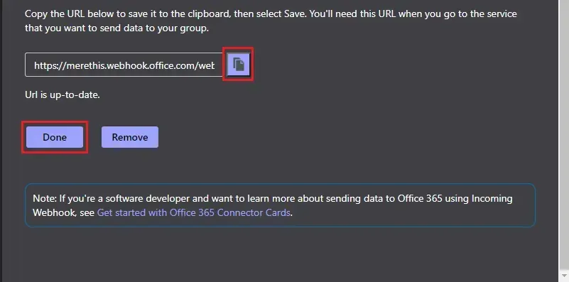 URL du webhook générée par Microsoft Teams, à copier dans le presse-papiers avant de valider avec Done