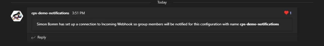 Message de confirmation dans le canal Teams : connexion Incoming Webhook configurée sous le nom cps-demo-notifications