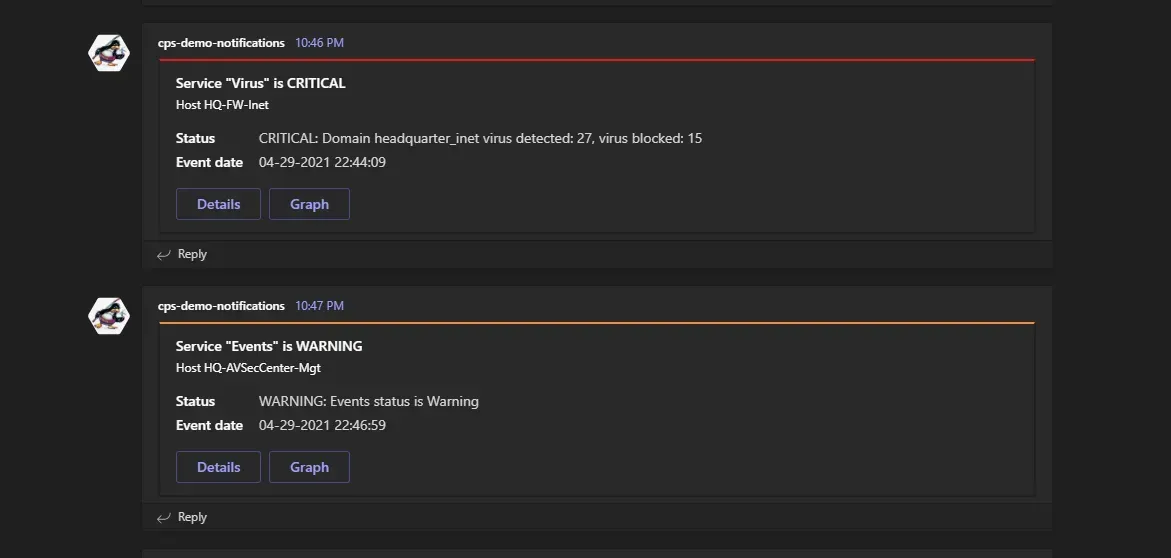 Notifications Centreon dans un canal Microsoft Teams : service Virus en CRITICAL sur HQ-FW-Inet et service Events en WARNING, avec boutons Details et Graph