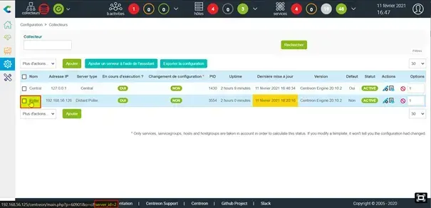 Page Configuration > Collecteurs de Centreon : sélection du Poller, dont l'ID 2 apparaît dans l'URL du lien en bas de l'écran