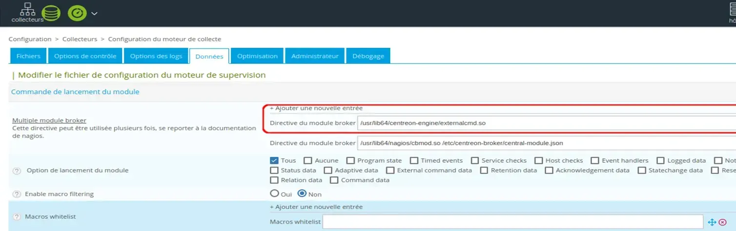 Configuration du moteur de collecte du Central dans Centreon, onglet Données : directive du module broker externalcmd.so à vérifier