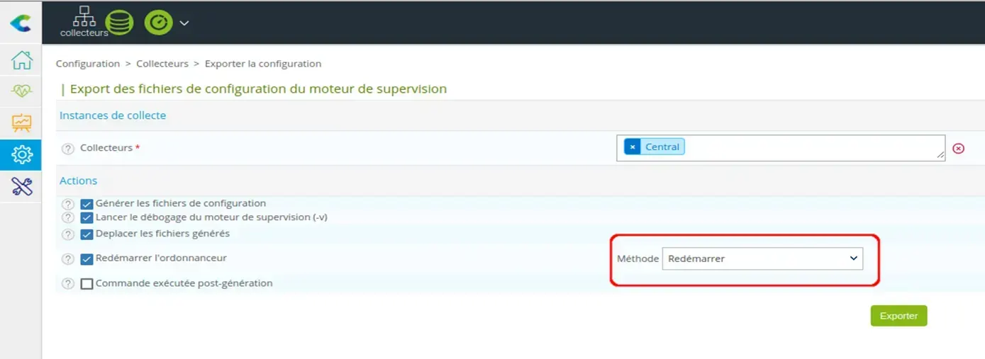 Menu Configuration > Collecteurs > Exporter la configuration de Centreon : export du Central avec la méthode « Redémarrer » sélectionnée