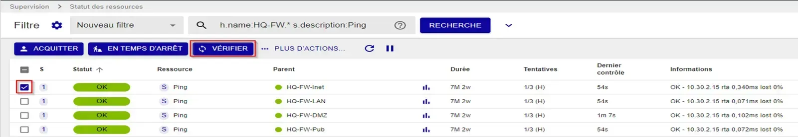 Page Statut des ressources de Centreon : lancement d'un contrôle immédiat sur le service Ping de l'hôte HQ-FW-Inet via le bouton Vérifier