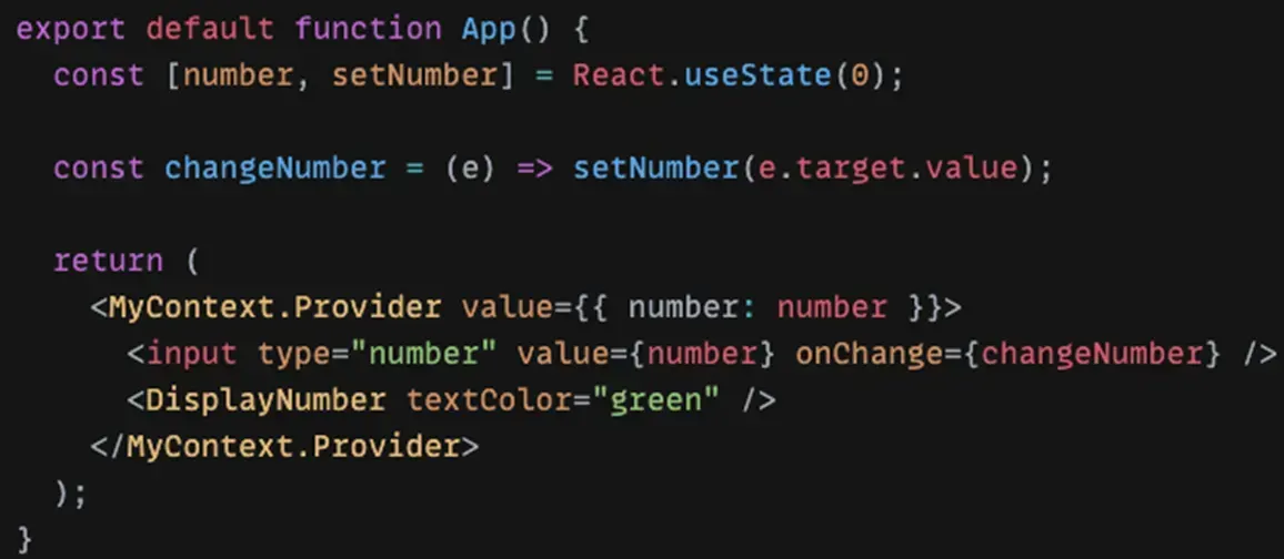 Composant React App implémentant un Context : MyContext.Provider transmet la valeur number au champ de saisie et au composant DisplayNumber