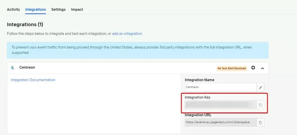 Onglet Integrations d'un service PagerDuty : intégration Centreon avec sa clé d'intégration à récupérer pour le Stream Connector