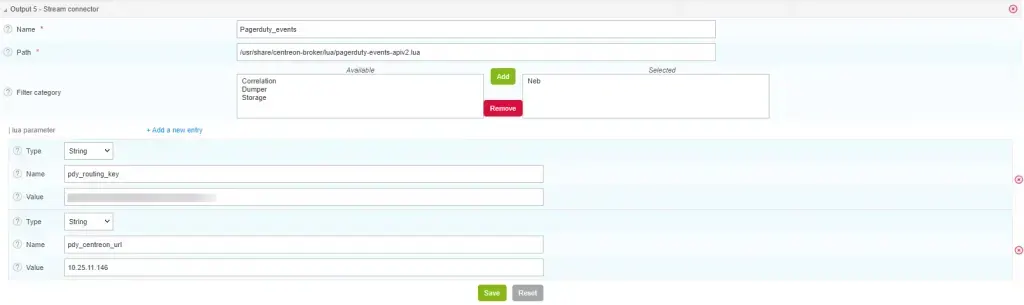 Configuration Centreon Broker de l'output Stream Connector PagerDuty : script pagerduty-events-apiv2.lua, paramètres pdy_routing_key et pdy_centreon_url