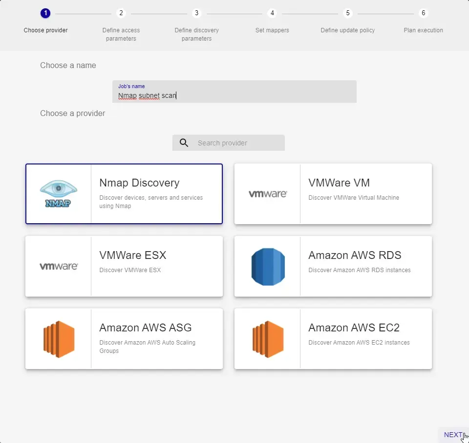 Étape 1 de la découverte d'hôtes Centreon : nom de la tâche « Nmap subnet scan » et choix du provider Nmap Discovery parmi VMware, Amazon AWS RDS, ASG et EC2