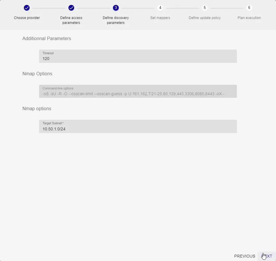 Étape 3 de la découverte Nmap dans Centreon : timeout de 120 secondes, options de la commande nmap et sous-réseau cible 10.50.1.0/24