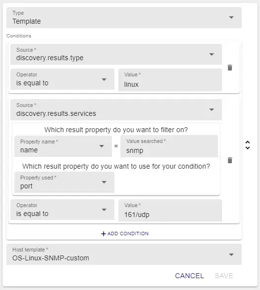 Mapper avancé de découverte Centreon : modèle OS-Linux-SNMP-custom appliqué si le type détecté est linux et qu'un service SNMP répond sur le port 161/udp