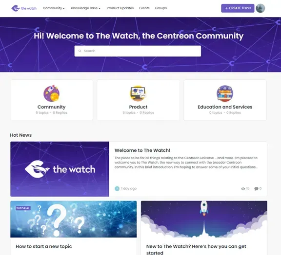 Page d'accueil de The Watch, la communauté Centreon : espaces Community, Product et Education and Services, et actualités à la une
