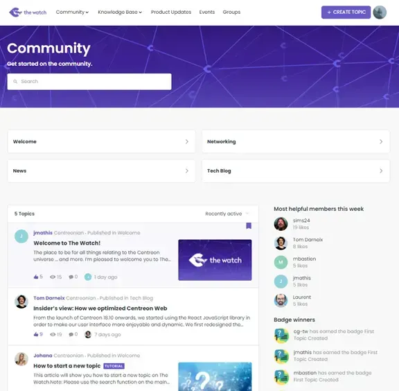 Espace Community de The Watch : rubriques Welcome, Networking, News et Tech Blog, derniers sujets publiés et membres les plus actifs