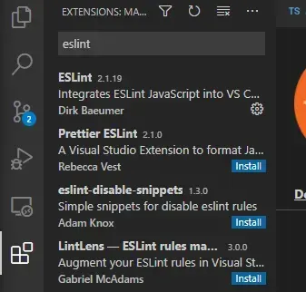 Recherche « eslint » dans le panneau Extensions de VS Code : extension ESLint de Dirk Baeumer à installer, avec Prettier ESLint et d'autres extensions associées