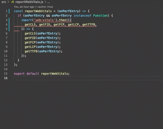 Fichier reportWebVitals.js dans VS Code : les erreurs de formatage signalées par ESLint et Prettier sont corrigées automatiquement à la sauvegarde