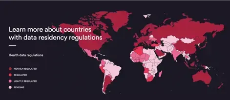 Carte mondiale des réglementations sur la résidence des données de santé, classant les pays de fortement réglementés à en attente de réglementation