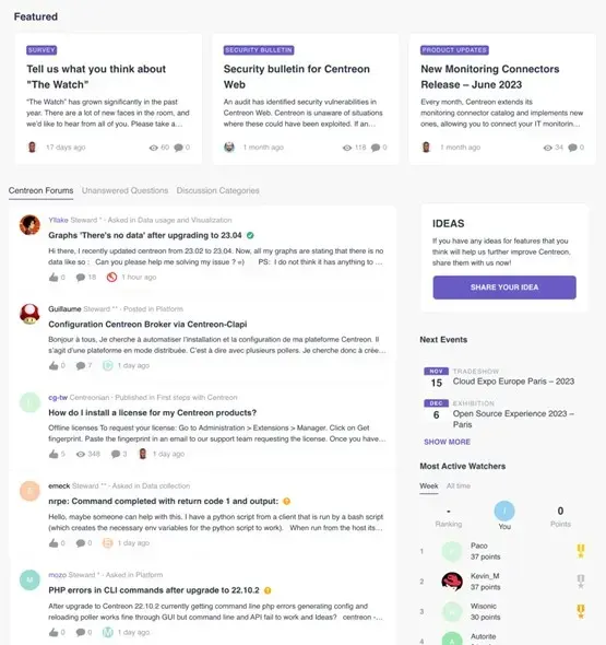 Page d'accueil de The Watch : articles mis en avant, derniers sujets des Centreon Forums, espace Ideas, événements à venir et membres les plus actifs