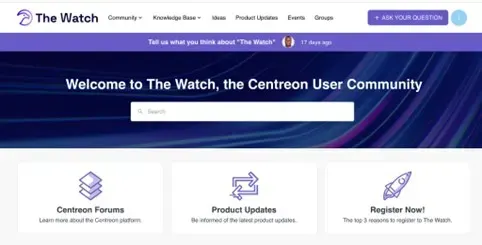 Page d'accueil de The Watch, la communauté des utilisateurs Centreon, avec le bouton violet Ask your question en haut à droite