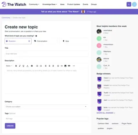 Formulaire « Create new topic » de The Watch, la communauté Centreon : choix entre question, conversation ou idée, titre, description, catégorie et tags