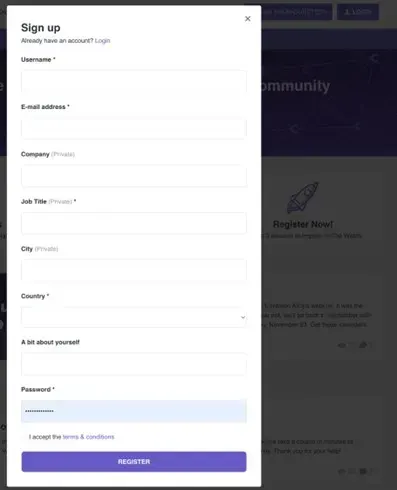 Formulaire d'inscription à The Watch : nom d'utilisateur, e-mail, société, fonction, ville, pays, présentation en une phrase et mot de passe