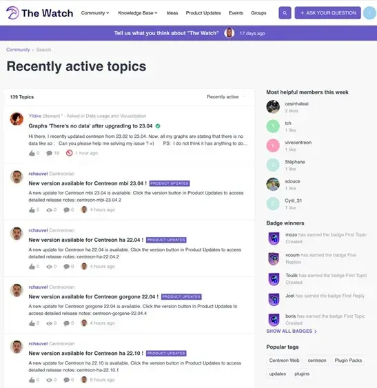 Page « Recently active topics » de The Watch : 139 sujets, dont des questions d'utilisateurs et des annonces de nouvelles versions de Centreon