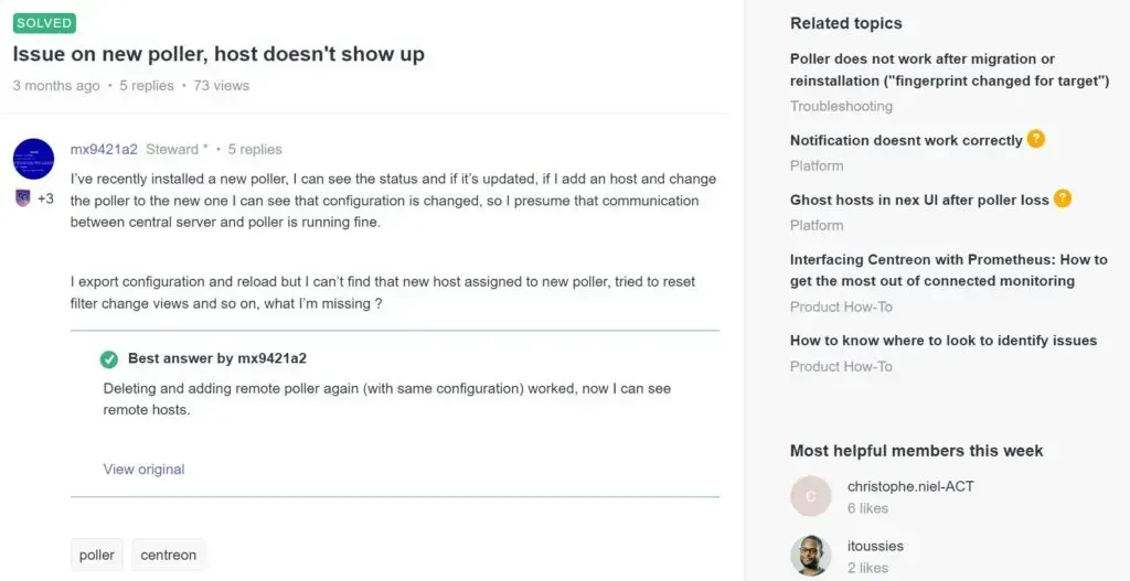 Question « Issue on new poller, host doesn't show up » marquée Solved sur The Watch, avec la meilleure réponse mise en avant et des sujets liés