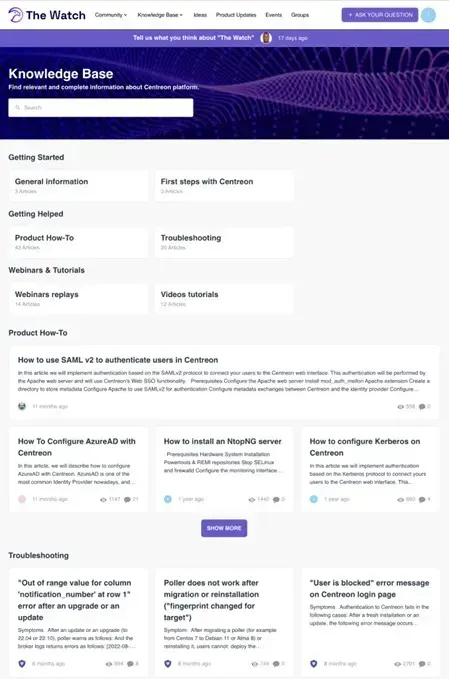 Base de connaissances de The Watch : rubriques Getting Started, Getting Helped, Webinars & Tutorials, articles Product How-To et Troubleshooting