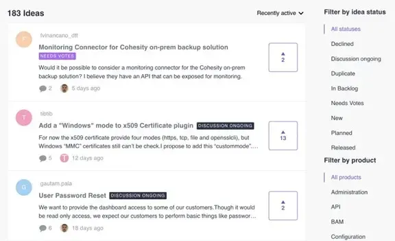 Page Ideas de The Watch : 183 idées d'amélioration de Centreon avec leurs votes, filtrables par statut (New, Planned, Released…) et par produit