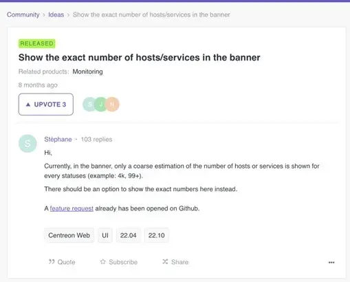 Idée « Show the exact number of hosts/services in the banner » au statut Released sur The Watch, proposée par un utilisateur et votée par la communauté