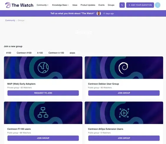 Page Groups de The Watch : groupes MAP (Web) Early Adopters, Centreon Debian User Group, Centreon IT-100 users et Centreon AIOps Extension Users