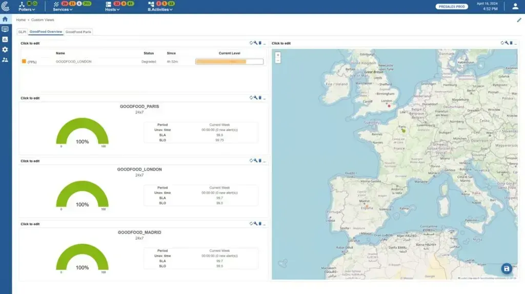Vue géographique dans Centreon : disponibilité des sites GOODFOOD Paris, Londres et Madrid à 100 %, positionnés sur une carte de l'Europe