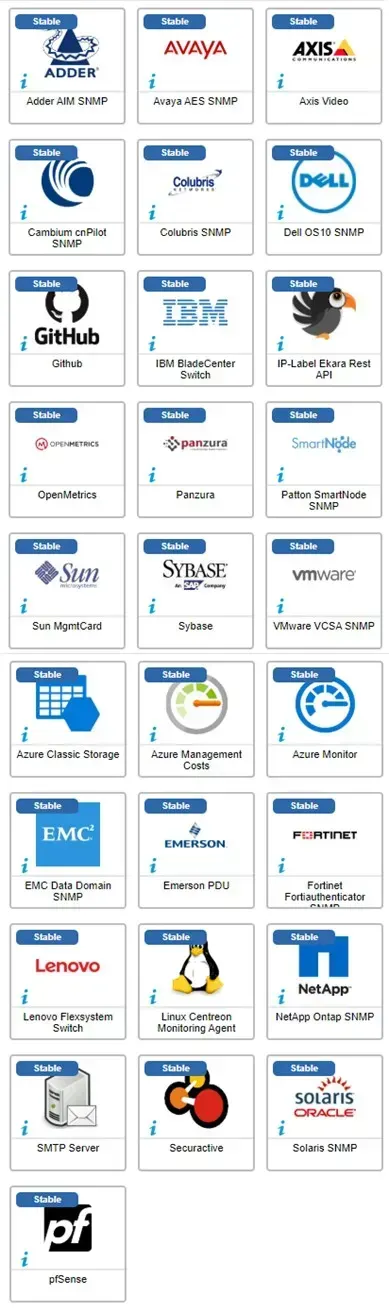 Les 28 connecteurs corrigés en janvier 2025, dont Adder, Avaya, Axis, Dell OS10, GitHub, IBM BladeCenter, OpenMetrics, Sybase, VMware VCSA, Azure, Lenovo, NetApp, Solaris et pfSense