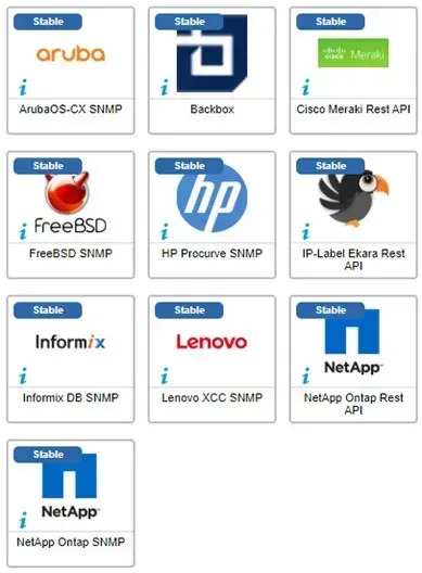 Les 10 connecteurs ayant évolué en janvier 2025, dont ArubaOS-CX, Backbox, Cisco Meraki, FreeBSD, HP Procurve, IP-Label Ekara, Informix DB, Lenovo XCC et NetApp Ontap (Rest API et SNMP)
