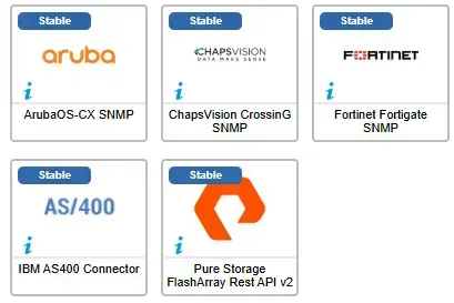 Les 5 connecteurs ayant évolué en mars 2025 : ArubaOS-CX SNMP, ChapsVision CrossinG SNMP, Fortinet Fortigate SNMP, IBM AS400 Connector et Pure Storage FlashArray Rest API v2