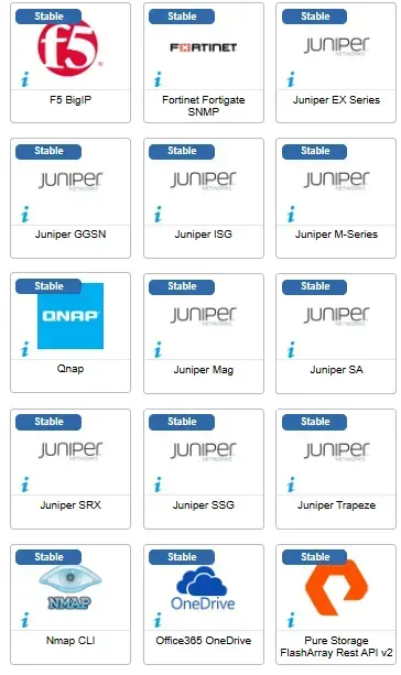 Les 15 connecteurs ayant évolué en juin 2025, dont F5 BigIP, Fortinet Fortigate SNMP, 10 connecteurs Juniper (EX Series, M-Series, SRX...), Qnap, Nmap CLI, OneDrive et Pure Storage
