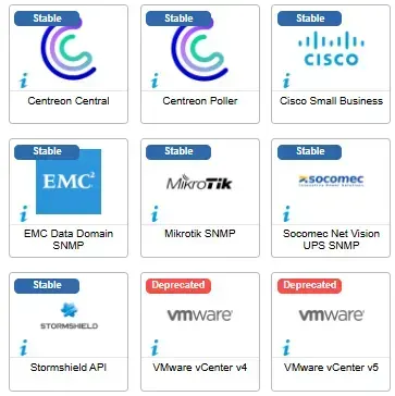 Les 9 connecteurs ayant évolué en mai 2025, dont Centreon Central et Poller, Cisco Small Business, EMC Data Domain, Mikrotik, Socomec, Stormshield et VMware vCenter v4 et v5 (Deprecated)