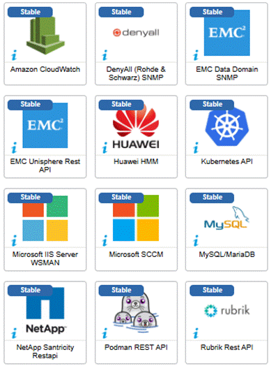 Les 12 connecteurs corrigés en juillet 2025, dont Amazon CloudWatch, DenyAll SNMP, EMC Data Domain et Unisphere, Huawei HMM, Kubernetes API, IIS, SCCM, MySQL/MariaDB, NetApp, Podman et Rubrik