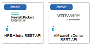 Les 2 nouveaux connecteurs de supervision de juillet 2025, marqués Stable : HPE Alletra REST API et VMware8 vCenter REST API