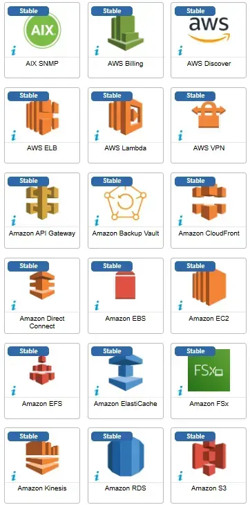 Connecteurs AWS corrigés en août 2025 : AIX SNMP, AWS Billing, Discover, ELB, Lambda, VPN et Amazon API Gateway, CloudFront, EBS, EC2, EFS, ElastiCache, FSx, Kinesis, RDS, S3
