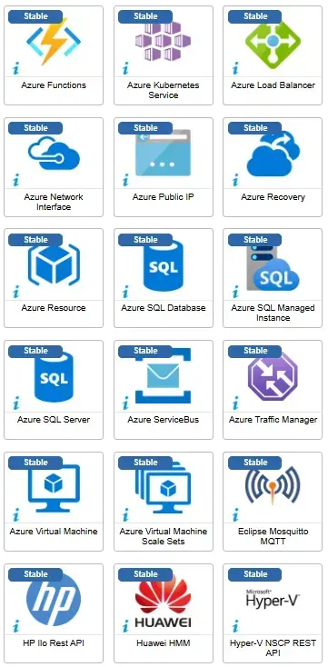 Connecteurs corrigés en août 2025 (suite) : Azure Functions, Kubernetes Service, Load Balancer, SQL, Virtual Machine, puis Eclipse Mosquitto MQTT, HP Ilo Rest API, Huawei HMM et Hyper-V