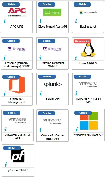 Les 13 connecteurs ayant évolué en octobre 2025, dont APC UPS, Cisco Meraki, Elasticsearch, Extreme Networks, Linux NRPE3, Office 365, Splunk, VMware8, Windows NSClient API et pfSense