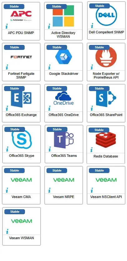 Les 16 connecteurs ayant évolué en novembre 2025, dont APC PDU SNMP, Active Directory WSMAN, Dell Compellent, Fortinet, Google Stackdriver, Node Exporter, Office365, Redis et Veeam