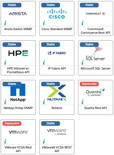 Les 11 connecteurs ayant évolué en janvier 2026, dont Arista, Cisco Standard SNMP, HPE Athonet, IP Fabric, NetApp Ontap, Nutanix, et Quanta Rest API et VMware VCSA Rest API marqués Deprecated