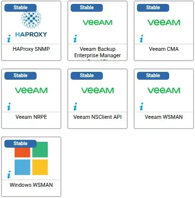 Les 7 connecteurs ayant évolué en mars 2026 : HAProxy SNMP, Veeam Backup Enterprise Manager, Veeam CMA, Veeam NRPE, Veeam NSClient API, Veeam WSMAN et Windows WSMAN