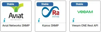 Les 3 nouveaux connecteurs de supervision de mars 2026, marqués Stable : Aviat Networks SNMP, Kairos SNMP et Veeam ONE Rest API